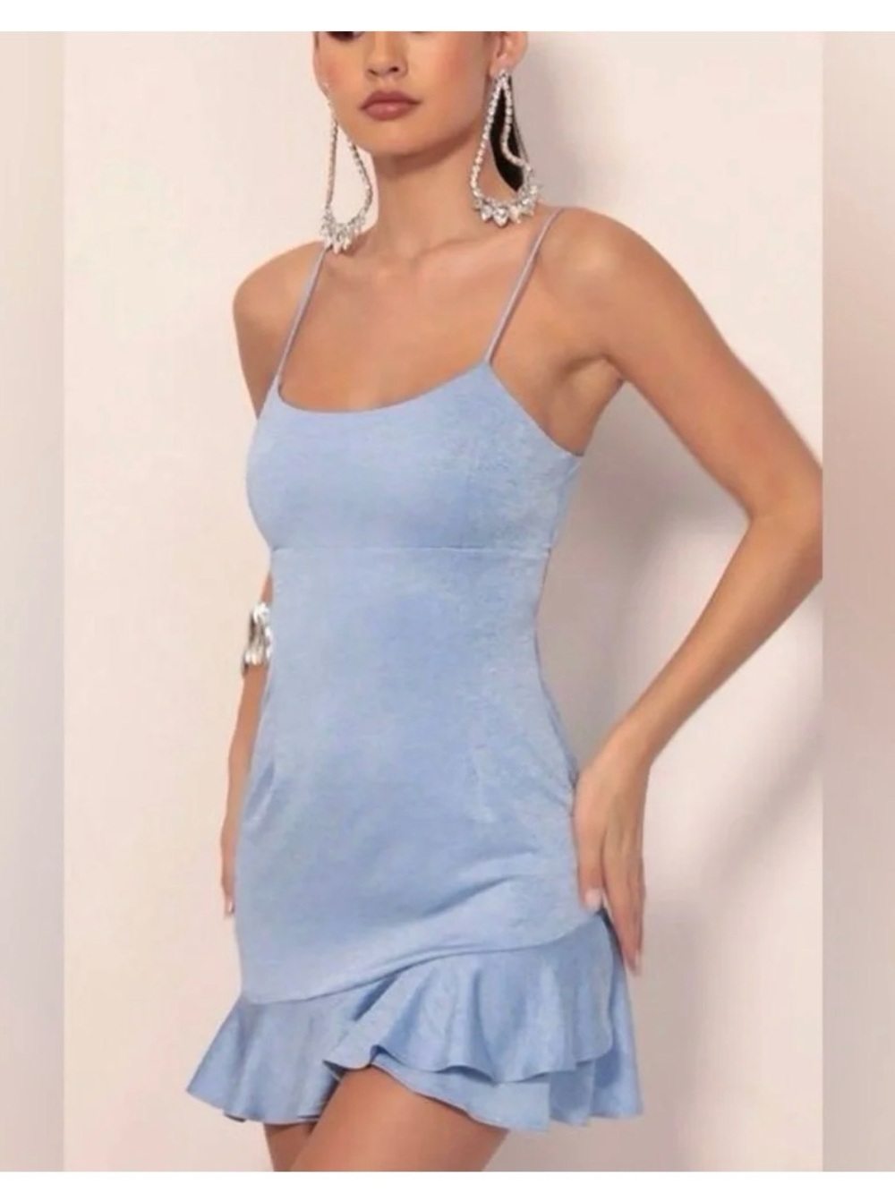 Lucy in the Sky Light Blue Spaghetti Strap Ruffle Hem Mini Dress
